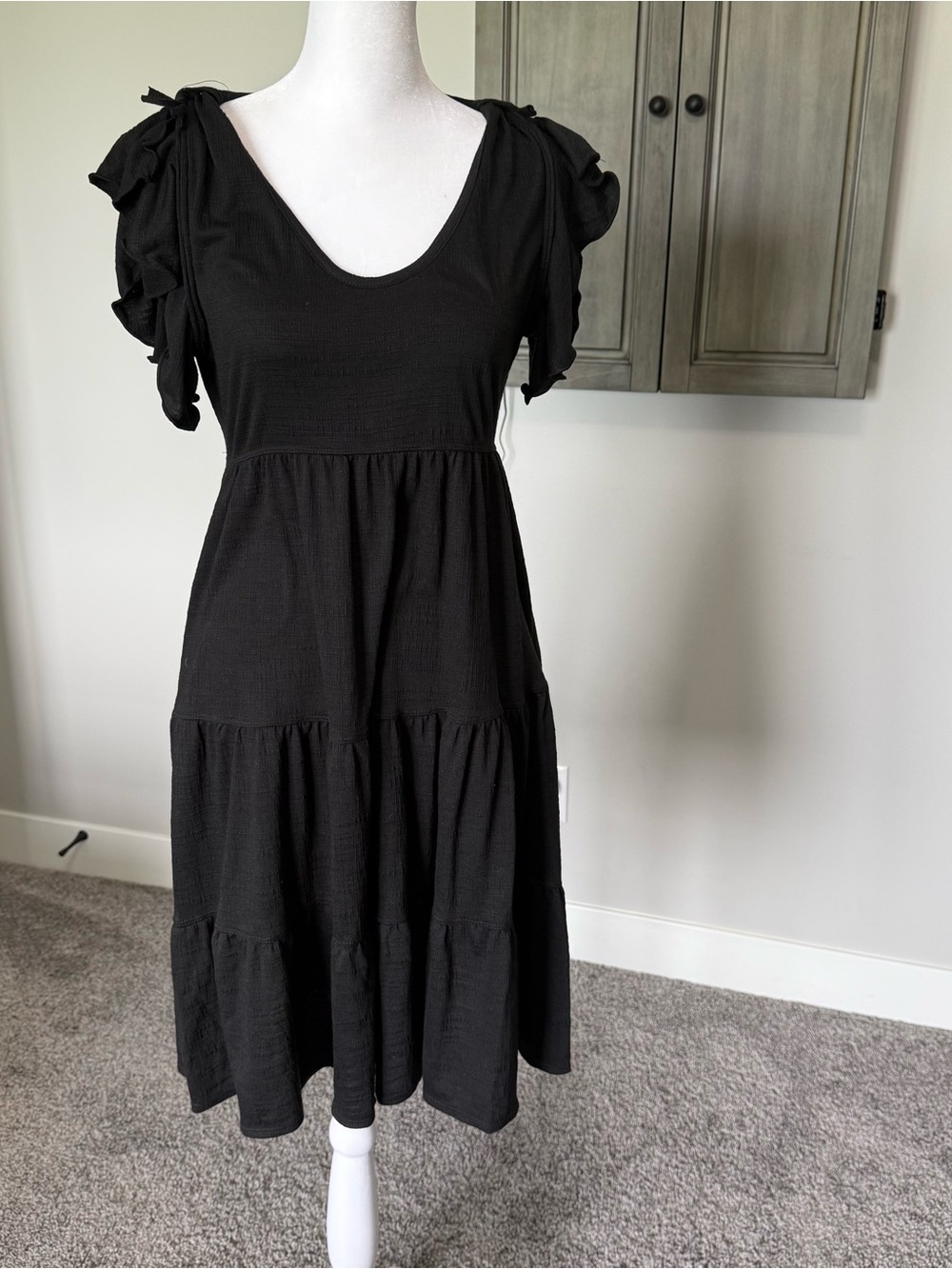 Max Studio Black Tiered Midi Dress with Ruffle Tie Sleeves